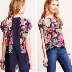 MAEVE Anthropologie Silk Navy Blue & Pink Floral Top Women's Blouse
